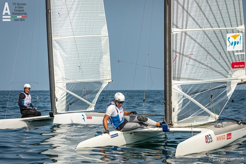 Kuba Surowiec and Manuel Calavia just enjoying the calm - A-Class Cat European Championships at Riccione Day 4 photo copyright Gordon Upton / www.guppypix.com taken at 151 Riccione  and featuring the A Class Catamaran class