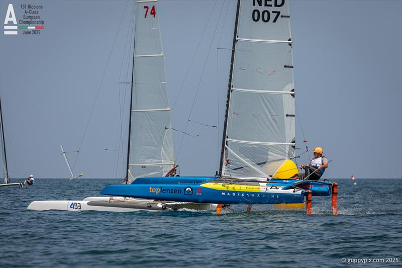 Mischa Heemskerk, was experimenting with a new camber-change control during the regatta. He still finished in 8th - A-Class Cat European Championships at Riccione - photo © Gordon Upton / www.guppypix.com