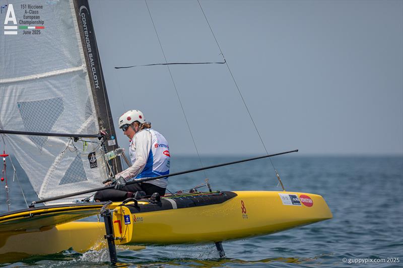 The only woman in the fleet, Katrin Brunner GER, is a long time regular on the international circuit - A-Class Cat European Championships at Riccione Day 5 - photo © Gordon Upton / www.guppypix.com