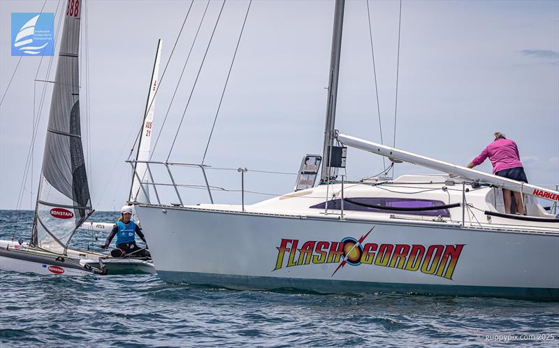 Carolijn Brouwer reunited for friends from her Europe days, in a magnicicently named vessel .- Day 5 Predictwind A-Class Catamaran World Championships - Milford, NZ - November 16, 2025 photo copyright Gordon Upton / www.guppypix.com taken at Milford Cruising Club and featuring the A Class Catamaran class