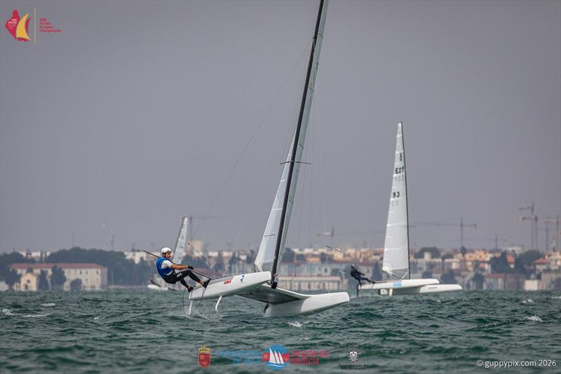 A Class Catamaran Europeans Day 4 - Former Euro Champ Manuel Calavia coping with the higher end conditions photo copyright Gordon Upton / www.guppypix.com taken at  and featuring the A Class Catamaran class