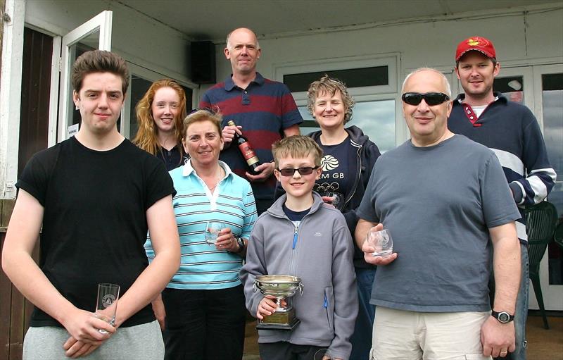 Albacore Open Meeting at Maidenhead (L to R) Ian Stone, Ellie Gladwyn, Erica Hunter, James Galdwyn, Leo Wilkinson, Julie Maidment, John Woffinden, Chas Frize photo copyright Jenni Heward-Craig taken at Maidenhead Sailing Club and featuring the Albacore class