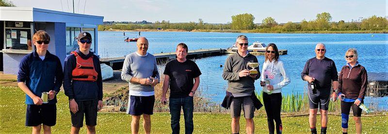 Albacore open meeting at Maidenhead: (L-R) Tom Knight, Leo Wilkinson (Winners – Silver Fleet); Mark Fowler, Matt Biggs (third); Stuart Macadam, Sarah Mayhew (Winners – Overall); Barry Wicks, Julie Maidment (second) photo copyright Jenni Heward-Craig taken at Maidenhead Sailing Club and featuring the Albacore class