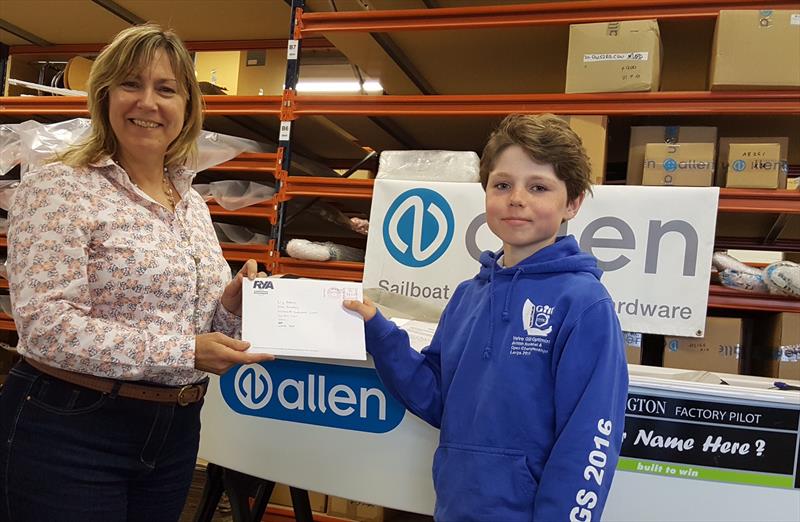 Allen Brothers MD, Liz Adams hands over the official measurement papers for the Allen Academy Optimist to 11 year old Nick Evans from Colchester photo copyright Jeremy Nicholson taken at  and featuring the  class