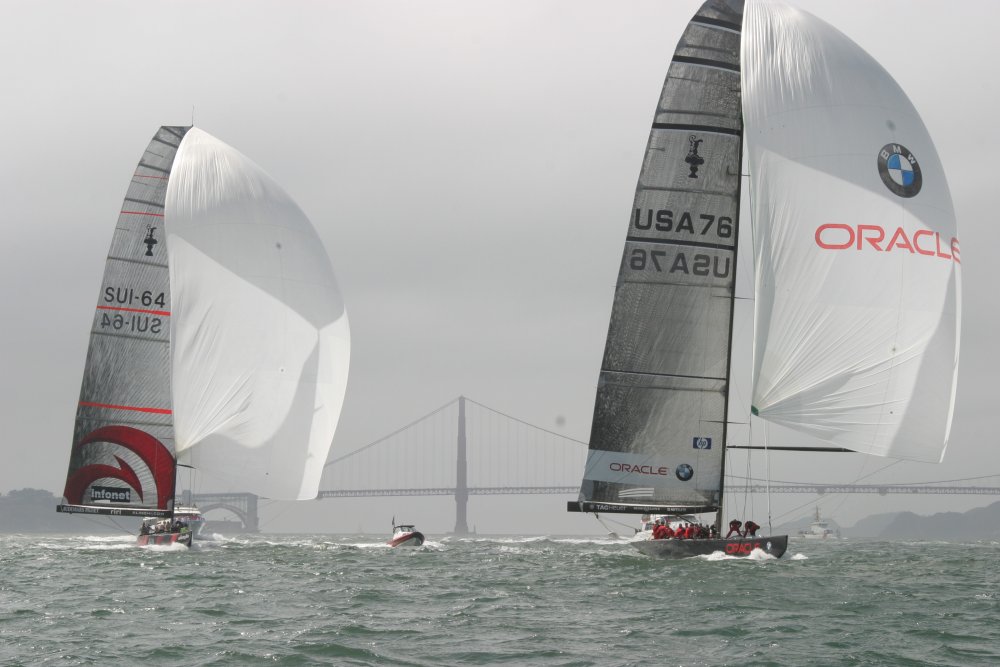 America's Cup holders Alinghi and Challenger of Record Oracle BMW Racing battle off Alcatraz Island in the Moët Cup photo copyright Bob Grieser taken at  and featuring the  class