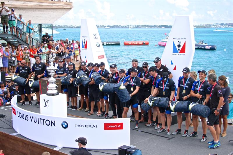 Emirates Team New Zealand about to uplift the trophy - there was no presentation/handover by the previous holder - 35th America's Cup, June 26, 2017, Bermuda - photo © Richard Gladwell