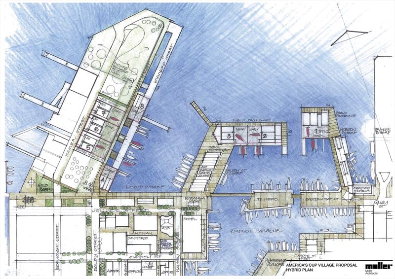 Auckland Council and MBIE's Hybrid Plan for AC36 - increasing the number of bases on Wynyard Point from three to five. Another feature is the road which is left running through the bases for the operational fuel and hazardous substances storage facility  - photo © Auckland Council/MBIE