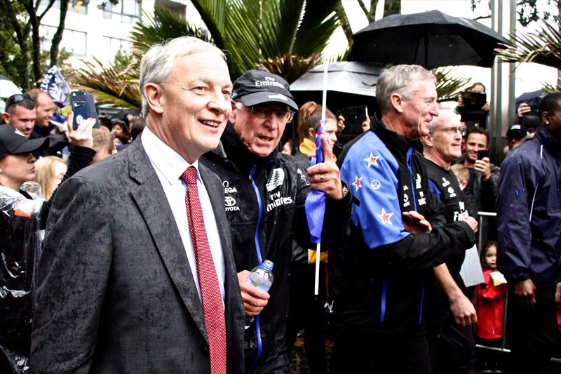 Auckland Mayor and former Labour Cabinet Minister, Phil Goff flanked by ETNZ Board Chairman, Sir Stephen Tindall at the Auckland City America's Cup Victory Parade photo copyright Richard Gladwell taken at New York Yacht Club and featuring the ACC class