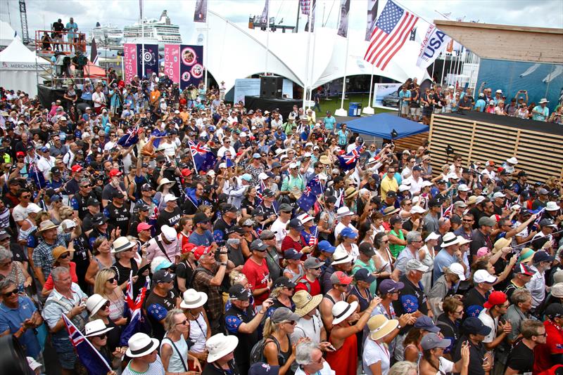 fans pack out the America's Cup Village and ETNZ base area in Bermuda photo copyright Richard Gladwell taken at  and featuring the ACC class