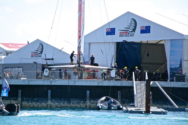 Emirates Team NZ hauled out in front of their base constructed of containers on Day 2 of the 35th America's Cup regatta, Bermuda, May 27, 2017 - photo © Richard Gladwell