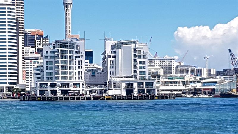 End view of the Hilton Hotel is the major view blocker in Downtown Auckland, the Maritime Museum (to the right) is small in comparision  - photo © Richard Gladwell
