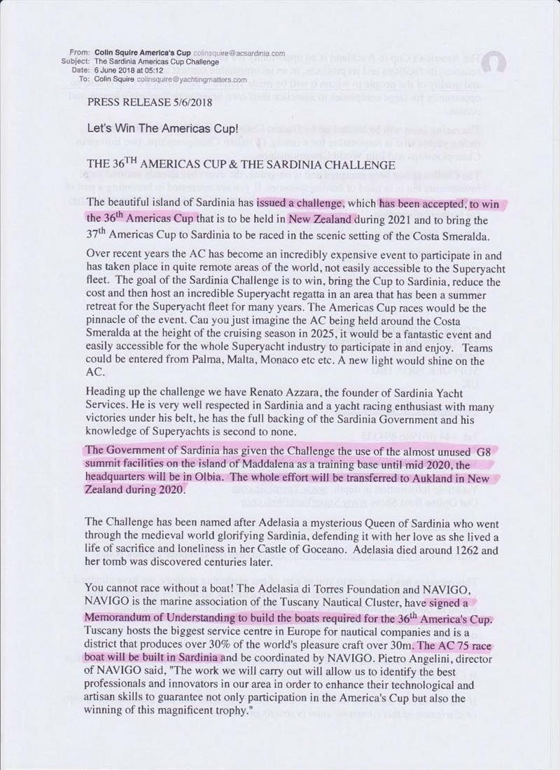 Page 1 of the original media statement issued by the Sardinian Challenge with key points highlighted photo copyright Sail-World taken at New York Yacht Club and featuring the ACC class