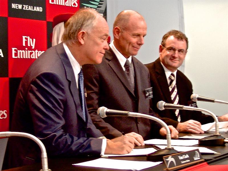 Sir Tim King (Emirates Airlines), Grant Dalton and America's Cup Minister, Trevor Mallard at the signing of the Emirates Airlines sponsorship of Emirates Team New Zealand photo copyright Richard Gladwell taken at  and featuring the ACC class