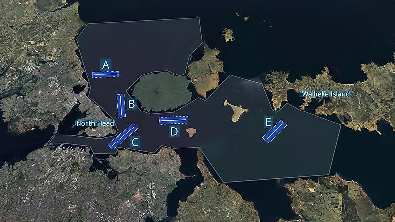 The five course areas designated in the inner Hauraki Gulf - the land adjacent to course B is a 850ft volcanic cone. North Head and a second volcanic cone, Mt Victoria are also substantial obstructions - photo © Emirates Team New Zealand