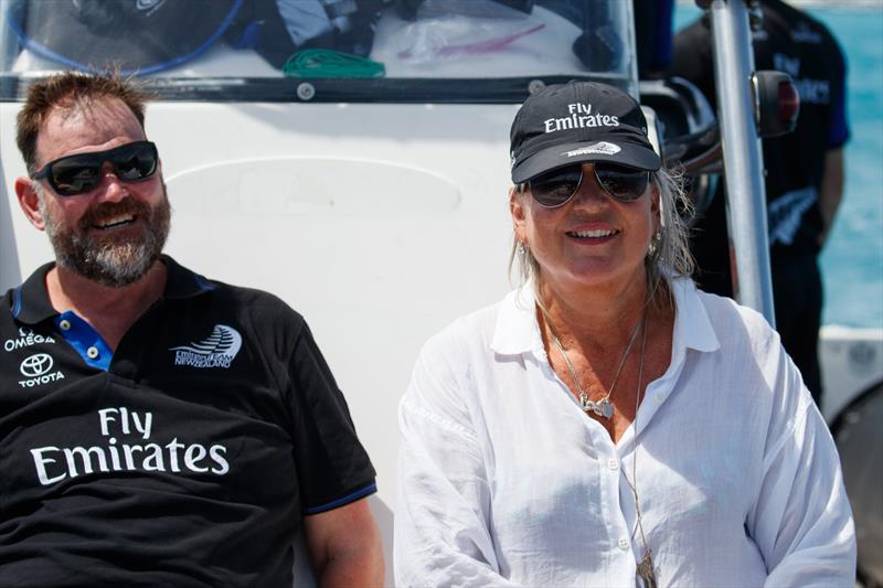 Tina Symmans with fellow ACE Board Member, Greg Horton aboard an ETNZ chase boat in Bermuda - photo © Emirates Team New Zealand