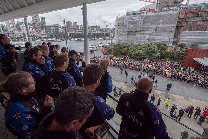 Emirates Team NZ look out from their new base in the former Viaduct Events Centre at the recent Royal Visit. Opposite is the old Alinghi base now a hotel photo copyright Hamish Hooper / ETNZ taken at  and featuring the ACC class