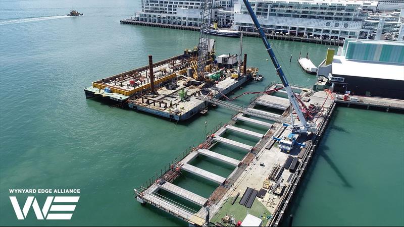Precast headstocks being fitted onto Piles - Hobson Wharf extension - America's Cup base development - Wynyard Edge Alliance - Update March 28, 2019  photo copyright Wynyard Edge Alliance taken at Royal New Zealand Yacht Squadron and featuring the ACC class