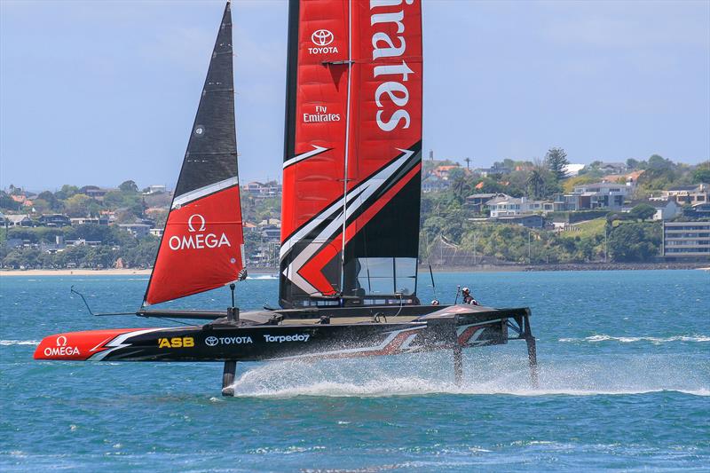 Although Emirates Team New Zealand was near last to launch their test boat (other teams were on their fourth) they were able to make a big jump by using the articulated rudder, and AC50  crossbeams to mimic the physics of an AC50. - photo © Richard Gladwell