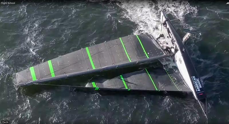AM38 `the Mule` capsizes in light-med winds in Pensacola Fl. Note the windward (port) foil arm is in the raised position - both are lowered to assist recovery from a capsize. - photo © American Magic