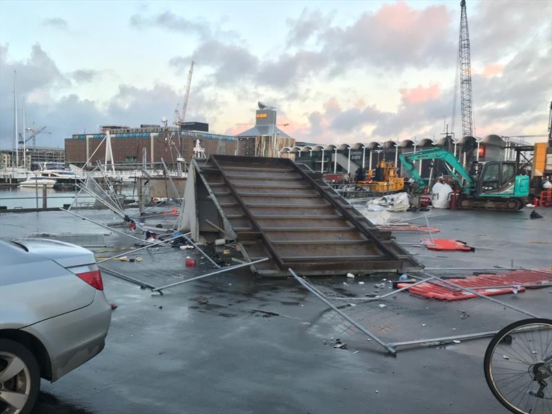 A temporary fence was damaged on the America's Cup base construction site, the remainder of the damage was not an America's Cup asset photo copyright Wynyard Edge Alliance taken at Royal New Zealand Yacht Squadron and featuring the ACC class