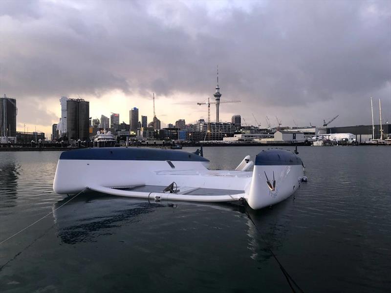 A large catamaran was capsized during the strong winds on Monday night photo copyright Mel Homer taken at Royal New Zealand Yacht Squadron and featuring the ACC class