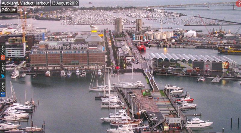 The America's Cup base construction was largely unscathed in this shot from approximately 7.00am - August 13, 2019 - photo © Viaduct Webcam