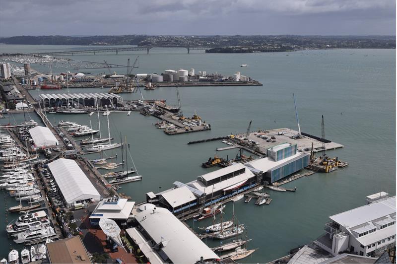 Over of site - Luna Rossa Base B in centre right foreground, ETNZ Base A in centre,  Bases C,D,E alongside tanks Wynyard Wharf - America's Cup base construction update - October 2019 photo copyright Wynyard Edge Alliance taken at Royal New Zealand Yacht Squadron and featuring the ACC class