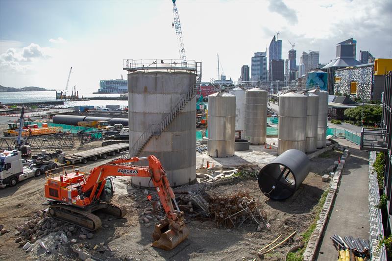 Silo demolition largely complete, with section of new stormwater outflow pipe that will be laid the length of Wynyard Wharf - America's Cup Construction - January 7, 2019 photo copyright Richard Gladwell / Sail-World.com taken at Royal New Zealand Yacht Squadron and featuring the ACC class