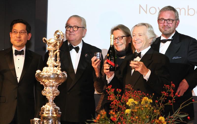 Bruno Trouble, second from left. Caroline Bentz, one of the twin daughters of Henry Racamier, and her husband Jean Francois Bentz. Am Cup Hall of Fame Induction - November , 2019 - Yachting  Heritage Centre, Flensburg, Germany - photo © Katrin Storsberg