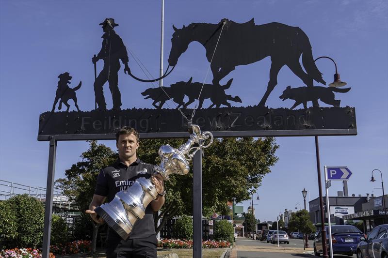 Local hero and team grinder Simon van Velthooven, along with the America's Cup trophy - McDonald's joins Emirates Team New Zealand as Official Family Partner  - February 2020 - photo © Emirates Team New Zealand