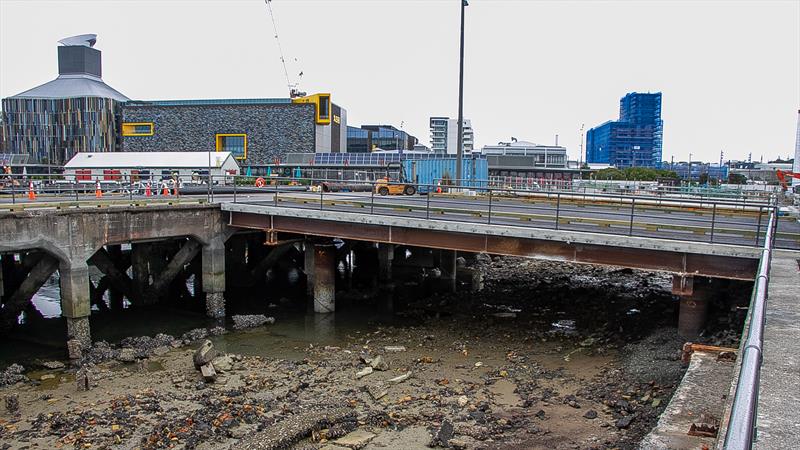 AC75 Bridge to Wynyard Wharf edge - not a pretty sight  with the tide out - America's Cup bases - Wynyard Point - March 24, 2020 - Auckland photo copyright Richard Gladwell / Sail-World.com taken at Royal New Zealand Yacht Squadron and featuring the ACC class