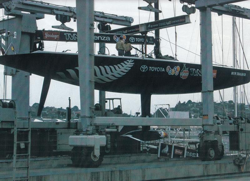 NZL 32 in the slings - 1995 America's Cup, San Diego, May 13, 1995 photo copyright Sally Simins taken at San Diego Yacht Club and featuring the ACC class