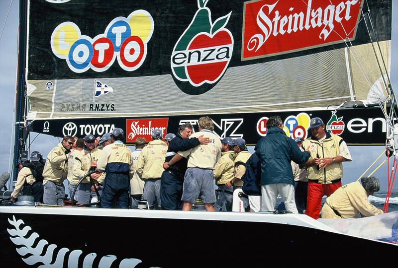 Standing room only aboard NZL32 as the first interviews get under way- America's Cup, San Diego, May 1995 - photo © Montgomery Family archives