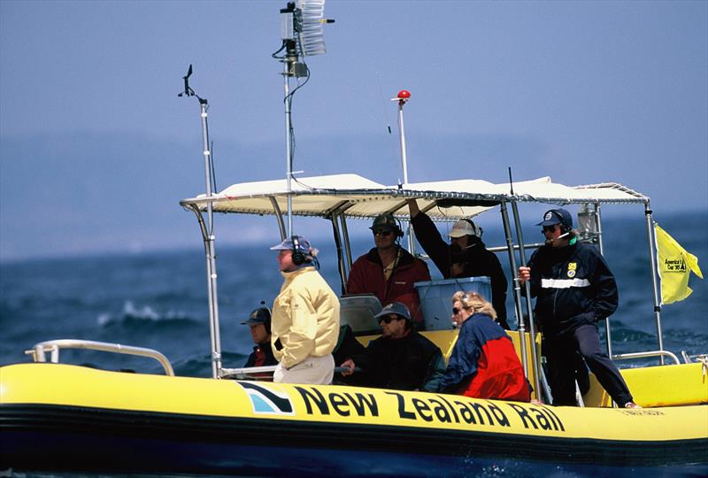 TVNZ Media boat at San Diego - Simon Jennings skipper of NZ rail. Chris Law and PJ Montgomery in the centre. Jane Dent in front with some TVNZ execs. - photo © Montgomery Family Archives