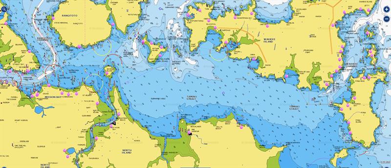 America's Cup: Waitemata Harbour and Inner Hauraki Gulf - `The Paddock` lies to the right or east of Browns Island in the Tamaki Strait. The America's Cup bases are to the extreme left of the chart. - photo © Navionics