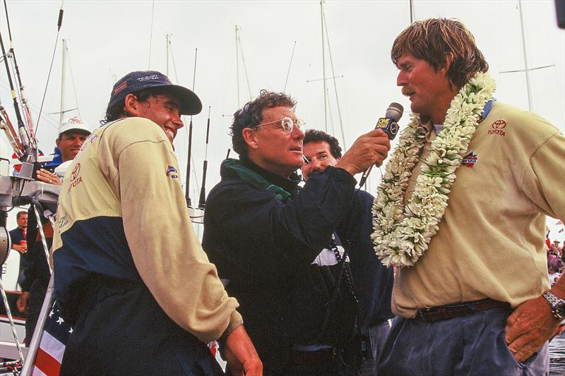Peter Montgomery interviews Peter Blake with Russell Coutts after the 1995 America's Cup win in San Diego - photo © Montgomery archives