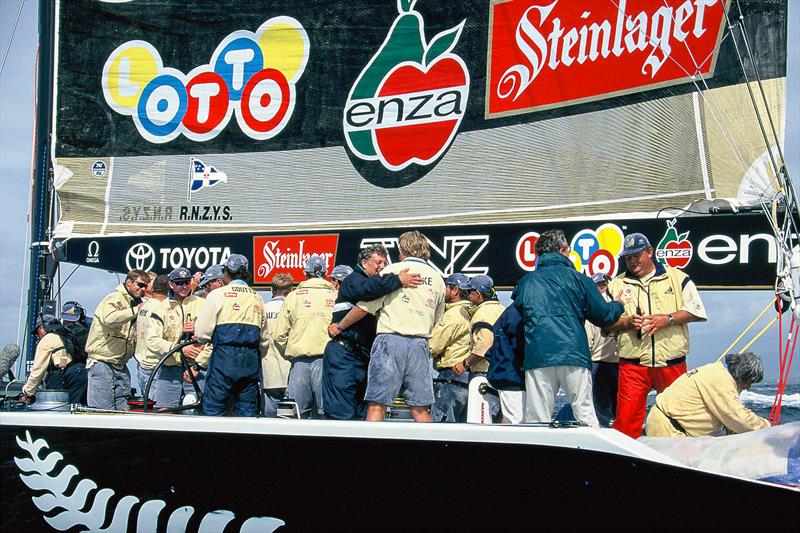 Peter Montgomery congratulates log-time friend Peter Blake after NZL-32 won the 1995 America's Cup in San Diego photo copyright Montgomery archives taken at Royal New Zealand Yacht Squadron and featuring the ACC class