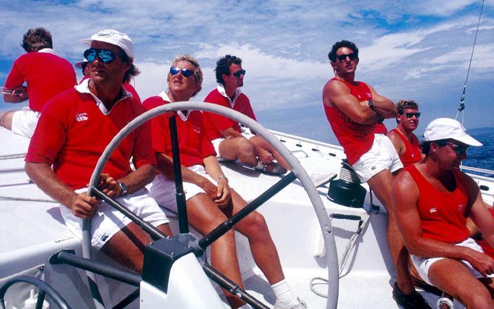 David Barnes at the helm of the Big Boat - KZ-1 - 1988 America's Cup - photo © Guy Gurney