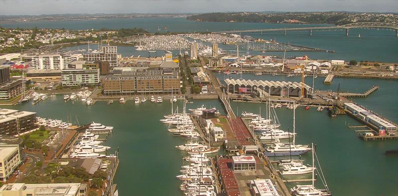 America's Cup Village looking from east to west. Just out of the picture on the lower left hand corner is the Luna Rossa base on Hobson Wharf extension. ETNZ base is the ripple-roofed building in the centre; Media Centre to the right. USA/GBR bases behind - photo © Takeabreak