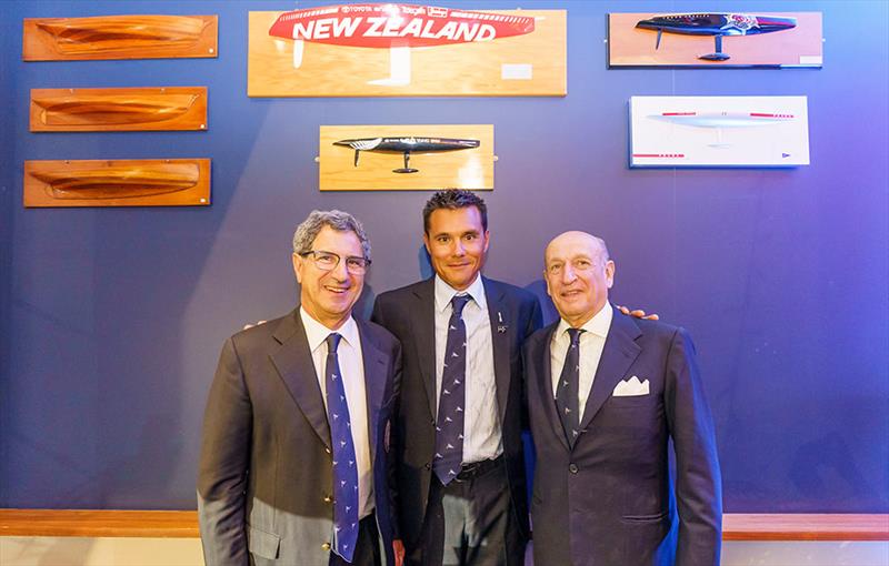 Agostino Randazzo (CVS); Aaron Young (RNZYS) & Francesco Longanesi Cattani (Prada) - 2021 America's Cup Hall of Fame Induction Ceremony, March 19, 2021 - Royal New Zealand Yacht Squadron photo copyright Luca Butto Studio Borlenghi taken at Royal New Zealand Yacht Squadron and featuring the ACC class