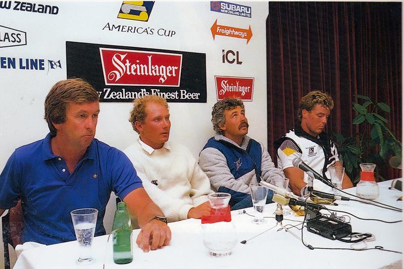 A character forming time as (from left) Michael Fay, Chris Dickson, Brad Butterworth and Erle Williams face the media after Race Four of the 1987 Louis Vuitton Cup  where the Kiwis were down 3-1, with one race potentially left in the regatta photo copyright Bruce Jarvis taken at Royal New Zealand Yacht Squadron and featuring the ACC class