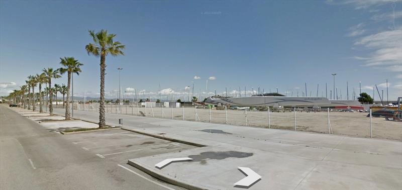 Street level view of the proposed AC37 base area at Valencia - Alinghi 5 is in the background along with its mast and an IACC hull  photo copyright Google Earth taken at Real Club Nautico Valencia and featuring the ACC class