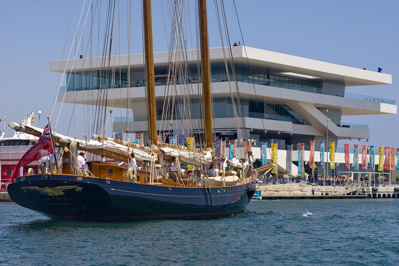 The replica of the legendary `America`,  visits Port America's Cup Valencia - `The Foredeck` was built especially for the 2007 America's Cup photo copyright ACM 2007 /Guido Trombetta taken at Real Club Nautico Valencia and featuring the ACC class