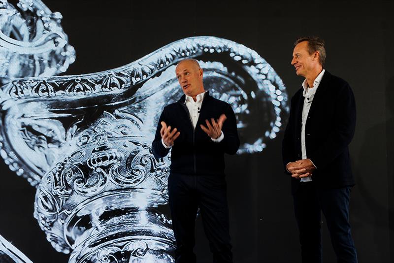(R to L) Ernesto Bertarelli of Switzerland and Hans Peter Steinacher of Austria and Alinghi Red Bull Racing seen during the press conference announcing the entry to 37th Americas Cup in Geneva, Switzerland on December 14,  - photo © Red Bull Media
