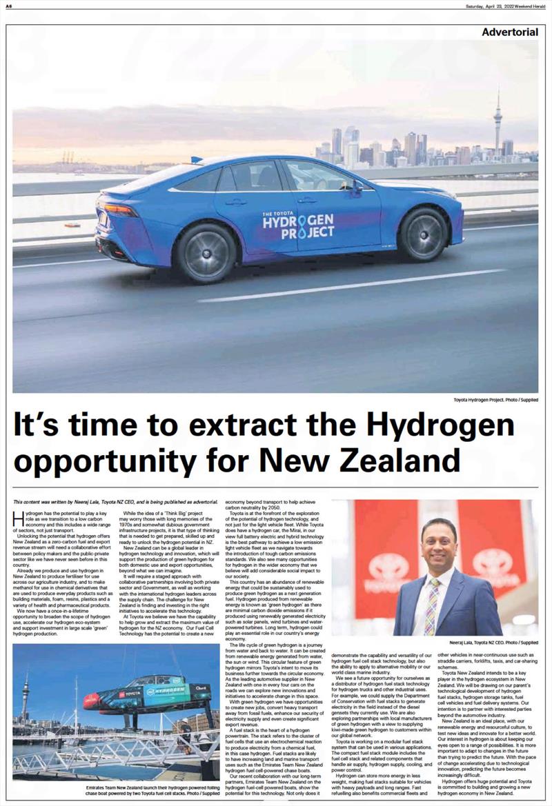 Toyota Hydrogen fuel advertorial photo copyright Toyota taken at Royal New Zealand Yacht Squadron and featuring the ACC class