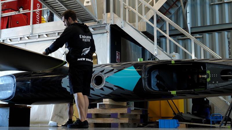 Fitting the wingsail onto the fuselage - Emirates Team New Zealand's land yacht is assembled ahead of the speed trial testing in Auckland - may 2022 photo copyright Emirates Team New Zealand taken at Royal New Zealand Yacht Squadron and featuring the ACC class