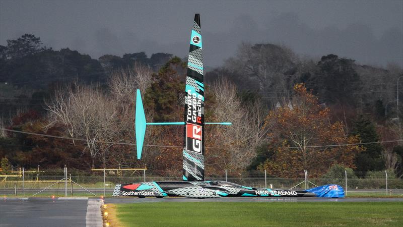 Project Speed - Emirates Team New Zealand skirts the boundary fence at the end of a Test run - Whenupai -May 20, photo copyright Richard Gladwell - Sail-World.com/nz taken at Royal New Zealand Yacht Squadron and featuring the ACC class