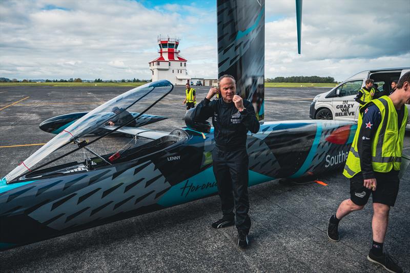 Glenn Ashby with Emirates Team New Zealand's wind powered land speed craft `Horonuku` is tested at RNZAF base Whenuapai photo copyright Hamish Hooper / Emirates Team New Zealand taken at Royal New Zealand Yacht Squadron and featuring the ACC class