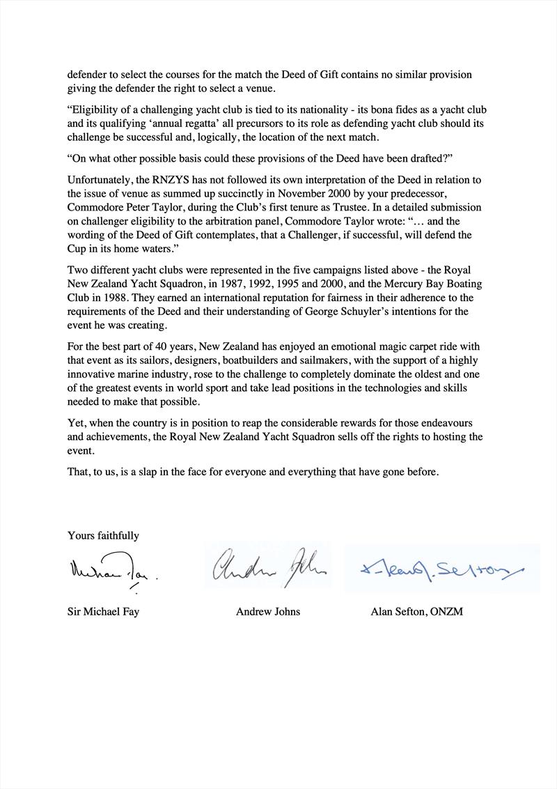 Page 2 - Letter of Resignation from RNZYS by Michael Fay, Andrew Johns and Alan Sefton - August 20, 2022 photo copyright Fay Johns Sefton taken at Royal New Zealand Yacht Squadron and featuring the ACC class