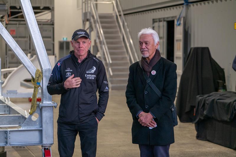 Alec Hawke (Ngati Whatua Orakei) with Grant Dalton at the new Emirates Team NZ base, the former INEOS Team UK facility, is blessed in an early morning ceremony by Ngati Whatua Orakei photo copyright Emirates Team New Zealand taken at Royal New Zealand Yacht Squadron and featuring the ACC class